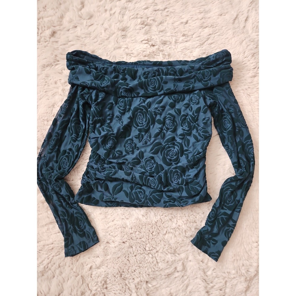 Wild Fable Burnout Velvet Rose Off Shoulder Top Teal Large Y2K Indie - Picture 10 of 12